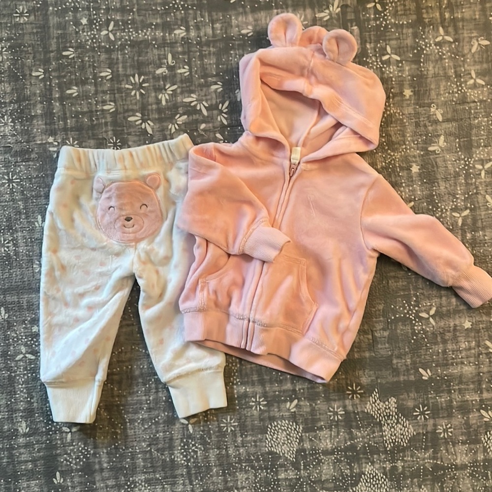 6M pink terry zip jacket with ears and polkadot terry pants